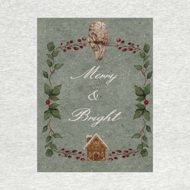 Cozy Holiday Watercolor Gingerbread House and Sleeping Owl Holiday Wreath Around Merry and Bright Cursive Typography by penandbea